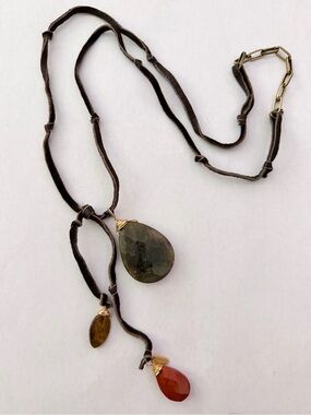 Handcrafted Brown Suede Lariat Necklace with Green and Amber Teardrop Stones